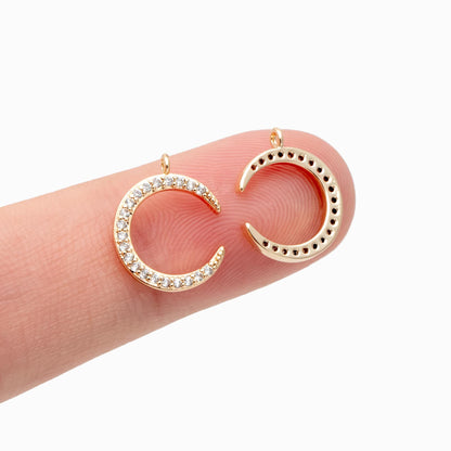 10pcs CZ Pave Moon Charms: Gold/ Rhodium/ Rose Gold Plated Brass Crescent Pendants (GB-618-G)