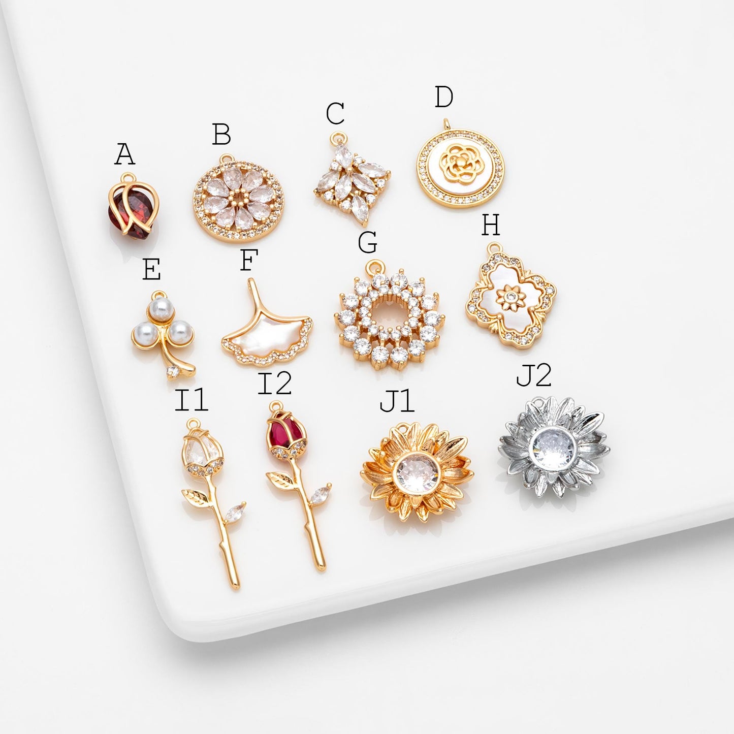4pcs CZ Pave Flower Charms, 18K Real Gold/ Rhodium plated Brass, Flower Earring Pendants (GB-3579)