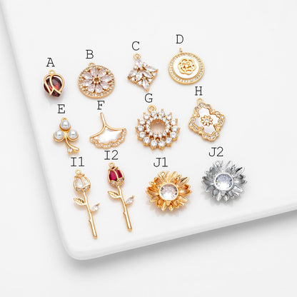 4pcs CZ Pave Flower Charms, 18K Real Gold/ Rhodium plated Brass, Flower Earring Pendants (GB-3579)