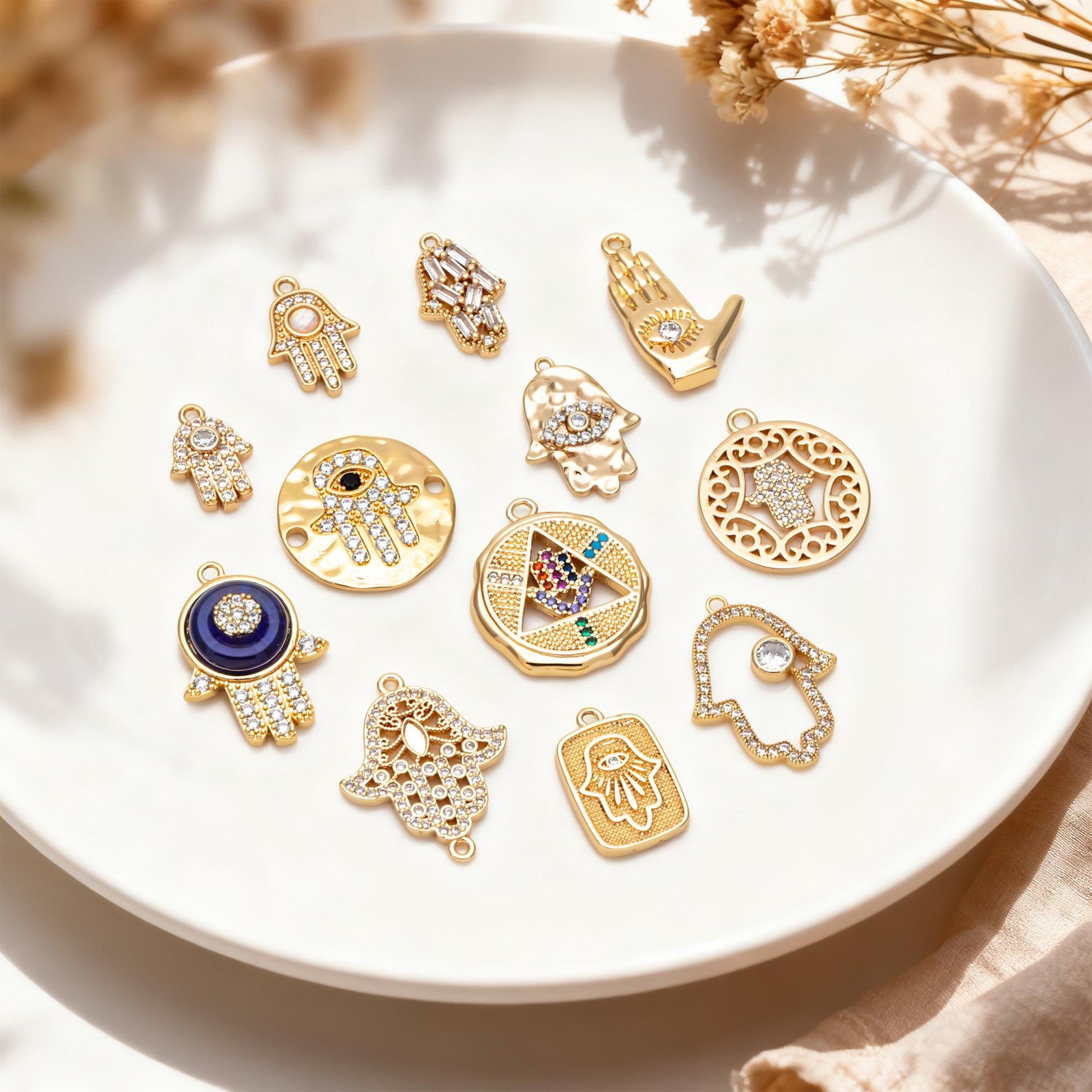 4pcs CZ Pave Gold Hamsa Hand Charm, Evil Eye Earring Charm, Jewelry Making, Diy Material, Jewelry Supplies (GB-3923)