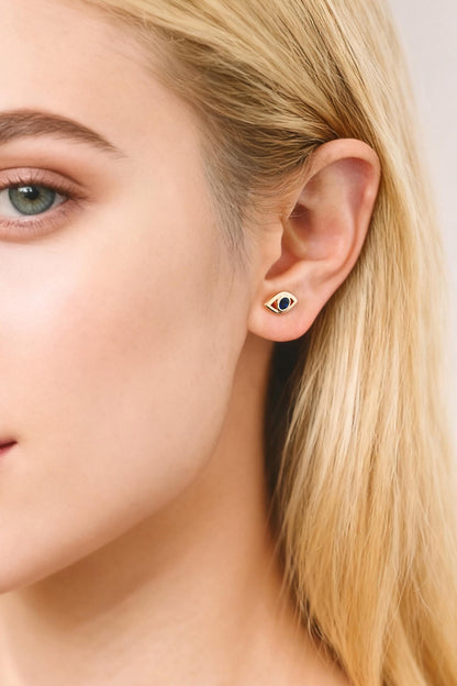 10pcs Blue CZ Pave Evil Eye Stud Earrings, Real Gold plated Brass, Cubic Zirconia Paved Eye Earrings (GB-3866)