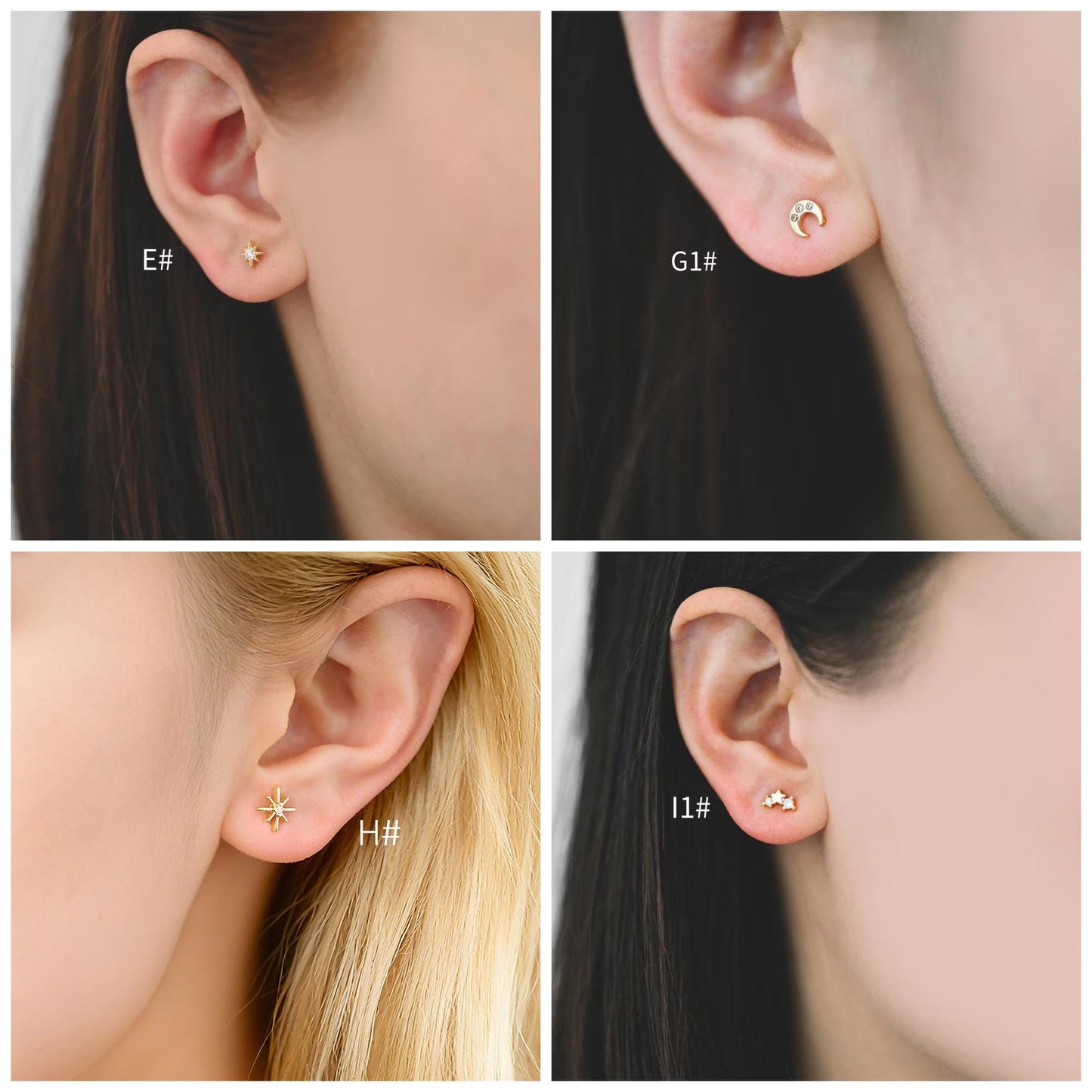 10pcs Minimalist Gold Stud Earring - Sun, Moon, Star Styles (#GB-3041)