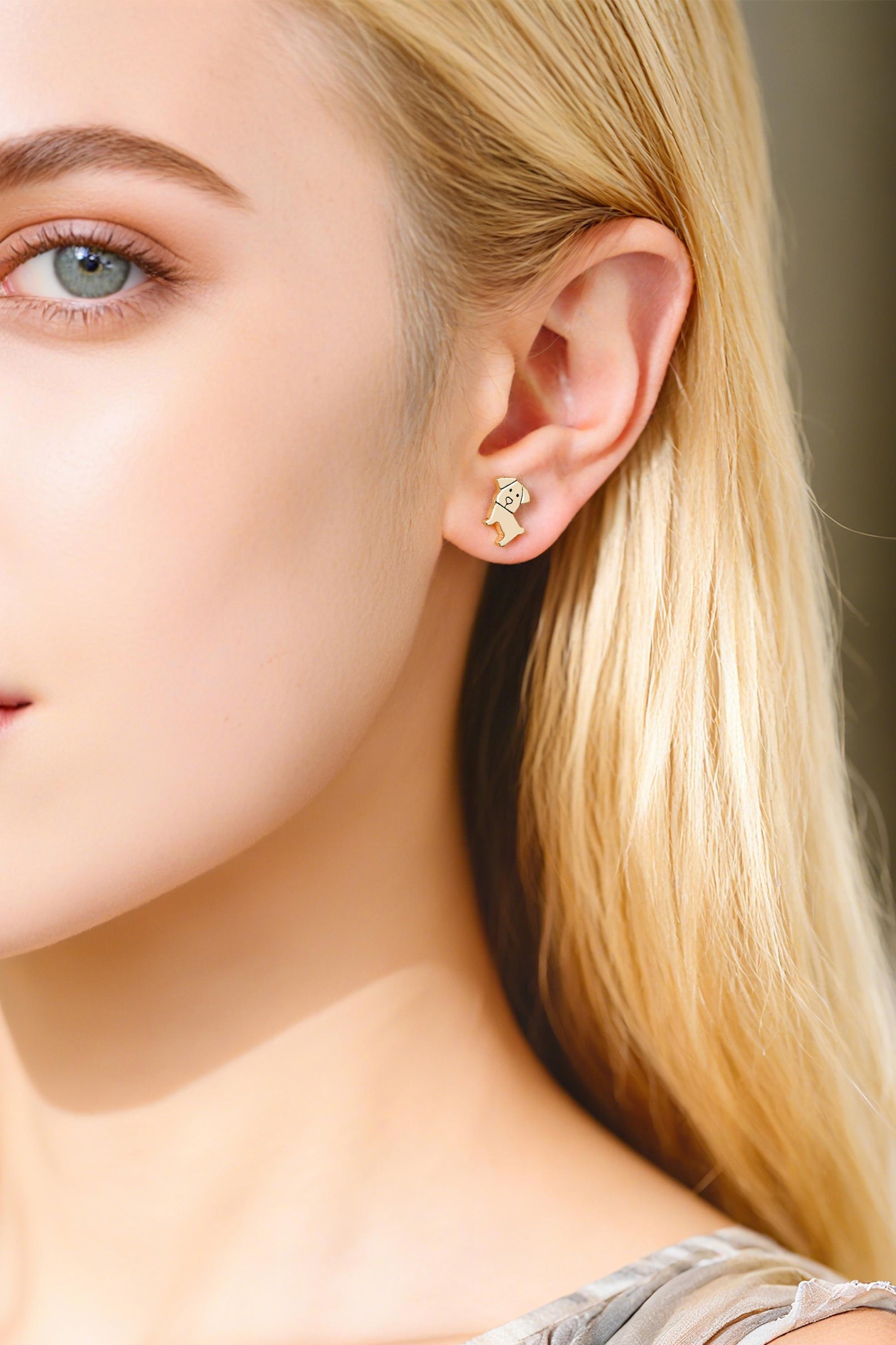 10pcs Gold Brushed Dog Earrings, Gold Plated Brass, Cute Animal Stud Earrings (GB-4595)