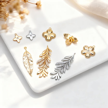 4pcs Gold/ Silver Tone CZ Pave Flower Leaf Charms , Real Gold/ Rhodium plated Brass, Dainty Earring Pendants (GB-978)