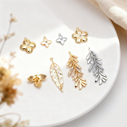 4pcs Gold/ Silver Tone CZ Pave Flower Leaf Charms , Real Gold/ Rhodium plated Brass, Dainty Earring Pendants (GB-978)