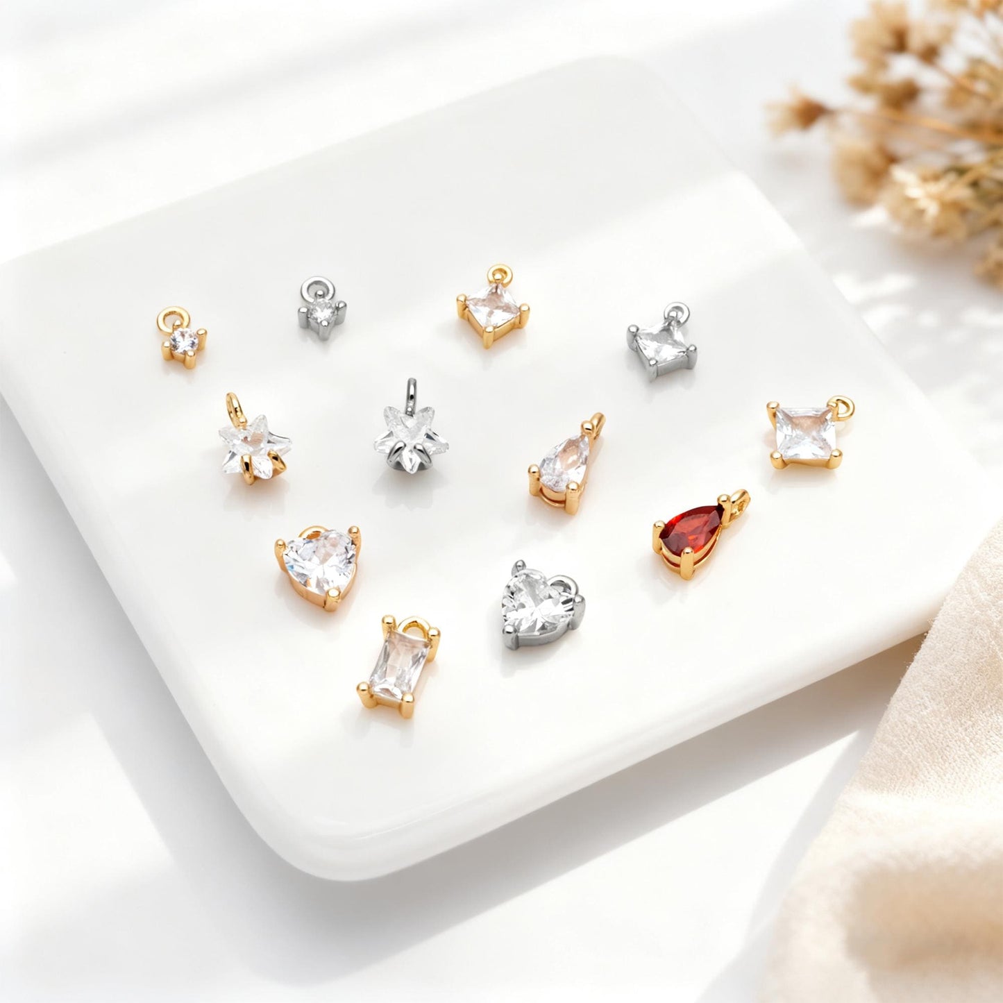 10pcs Gold/ Silver Tone Tiny CZ Charms, Gold/ Rhodium plated Brass, Jewelry Supplies (GB-4582)