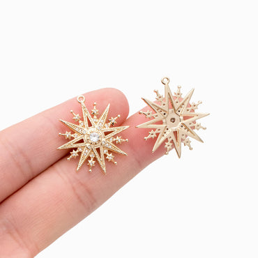 4pcs Gold plated Brass North Star Charms 25x23mm, CZ Paved Star Pendants (GB-1048-M)
