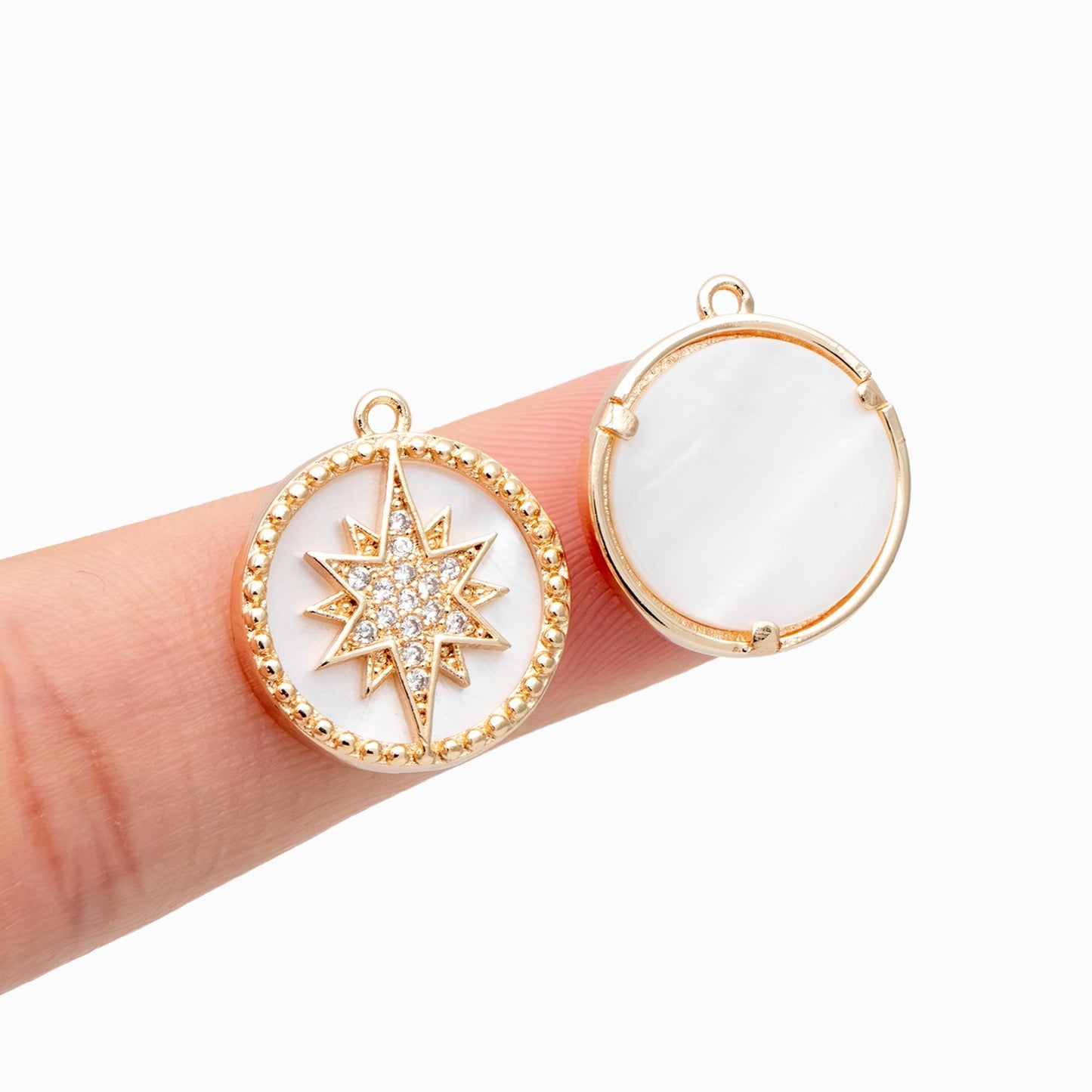 4pcs Shell Pave Gold North Star Charm, 18K Gold plated Brass, CZ Star Pendants (GB-1048-J)
