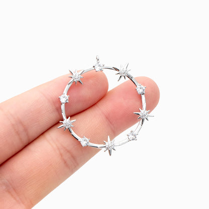 4pcs CZ pave Gold/ Silver Star Ring Pendants 37x35mm, 18K Gold/ Rhodium plated Brass, Rhinestone Round Loop Circle Charms (GB-1048-H)