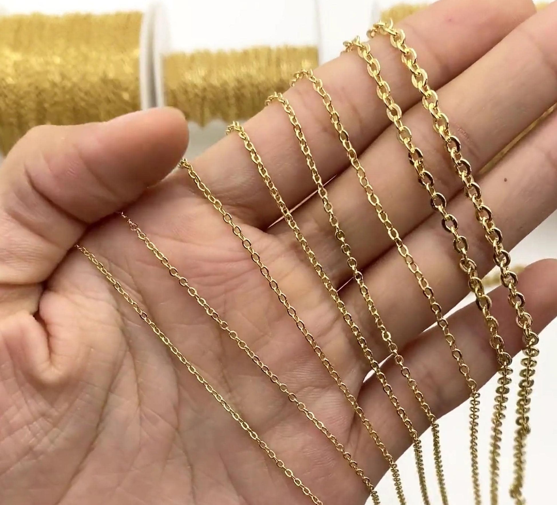 Dainty Gold plated Brass Cable Chains, Soldered Oval Chain Wholesale, 1.2/ 1.4/ 1.6/ 1.8/ 2/ 3.2mm Multi Sizes (#LK-106)/ 1 Meter=3.3 ft