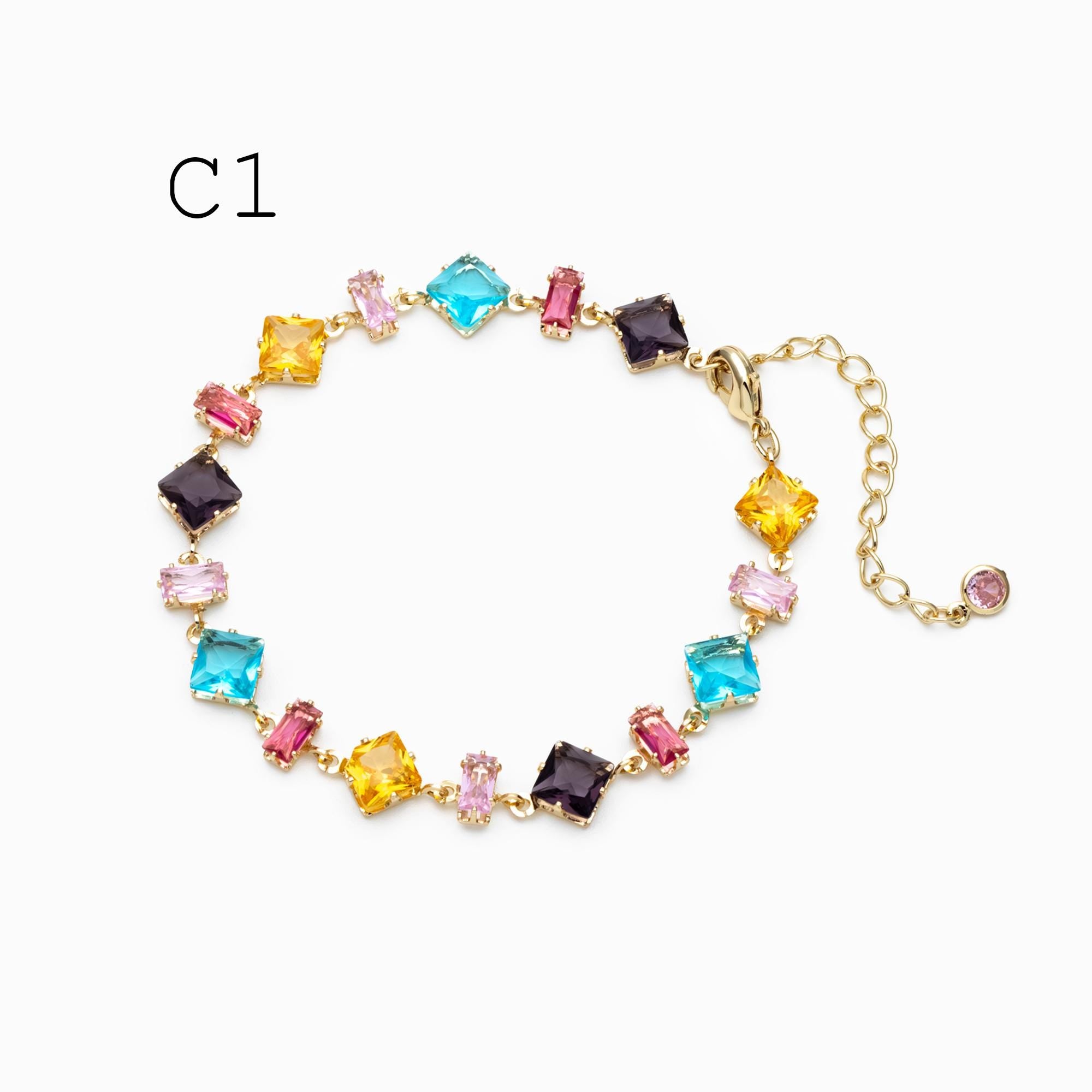 Rainbow Rhinestone Bracelet, Crystal Beaded Tennis Bracelets, Gold/ Rhodium plated Adjustable Bracelet (GB-4696)