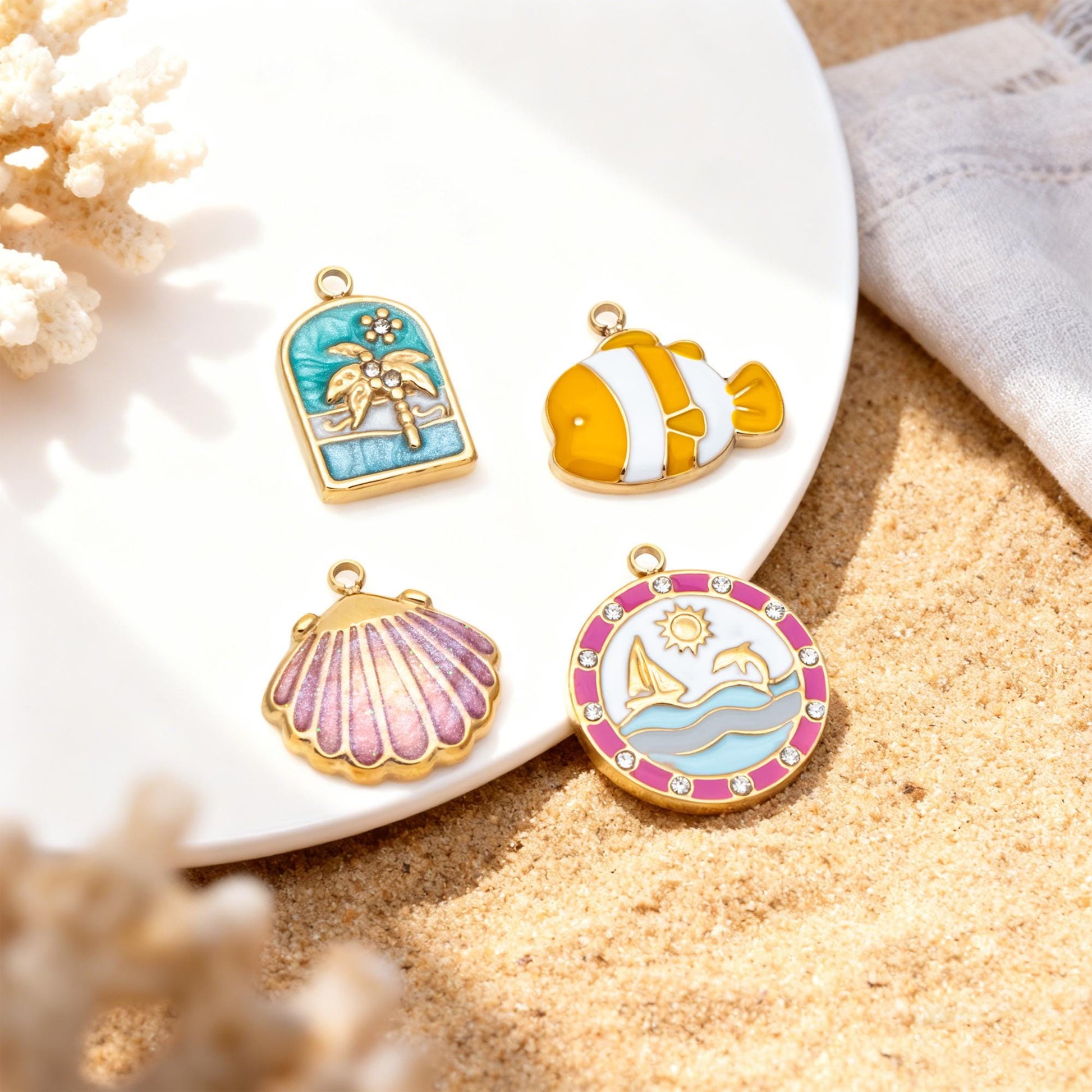 4pcs Enamel Beach Style Charms, PVD Gold Stainless Steel, Jewelry Making Supply (GB-4701)
