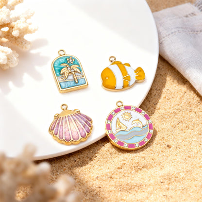 4pcs Enamel Beach Style Charms, PVD Gold Stainless Steel, Jewelry Making Supply (GB-4701)