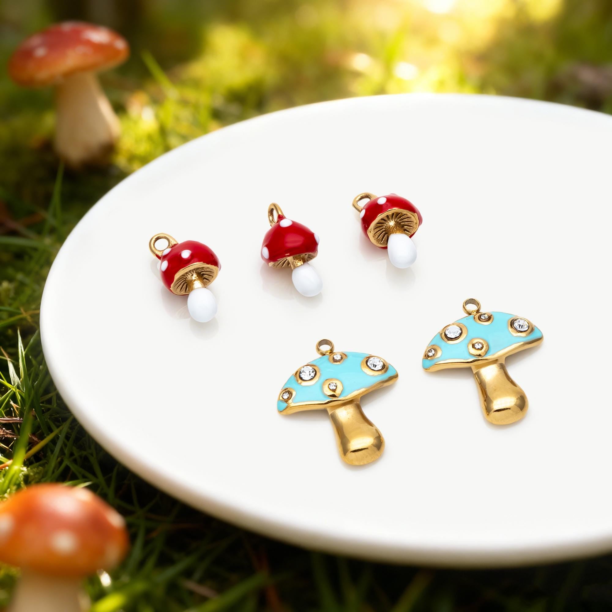 4pcs Enamel Mushroom Charms, PVD Gold Stainless Steel, Jewelry Making Supply (GB-4703)