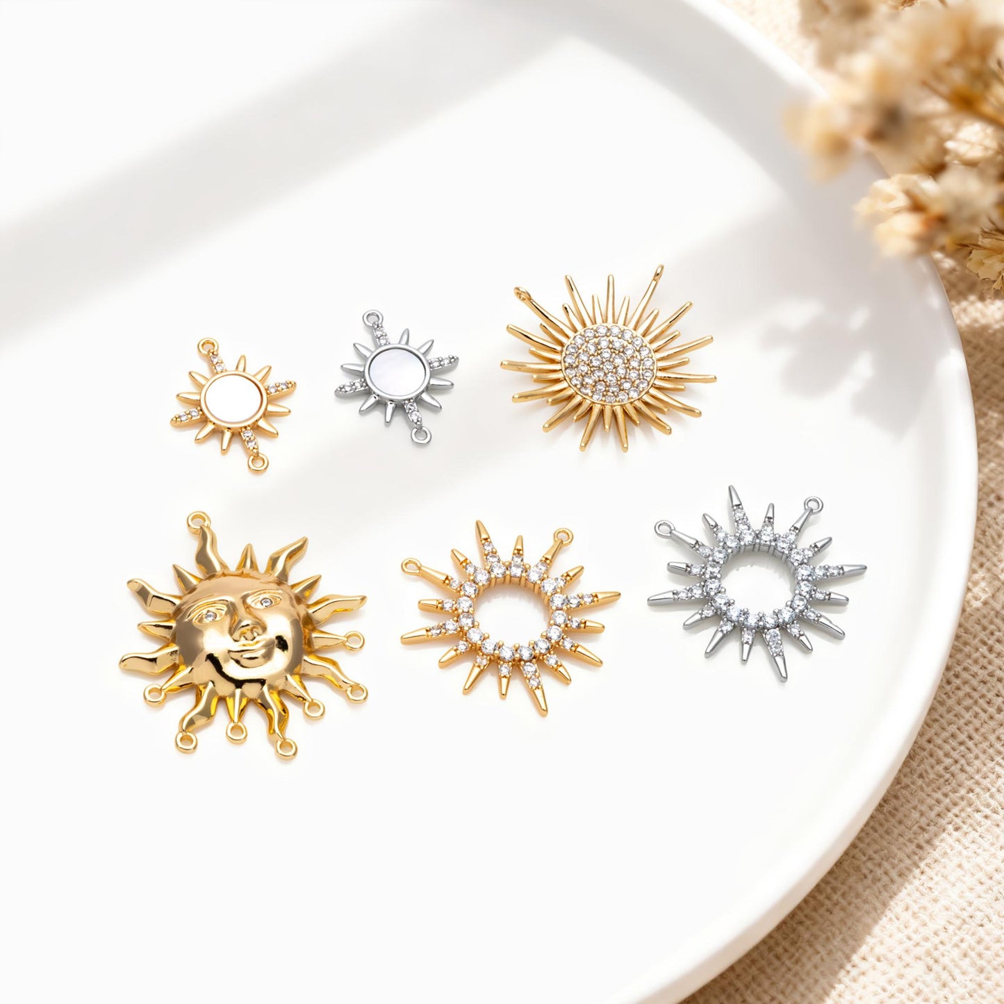 4pcs Gold/ Silver CZ Sun Charm Connectors, Real Gold/ Rhodium plated Brass, Jewelry Supply (GB-2000)