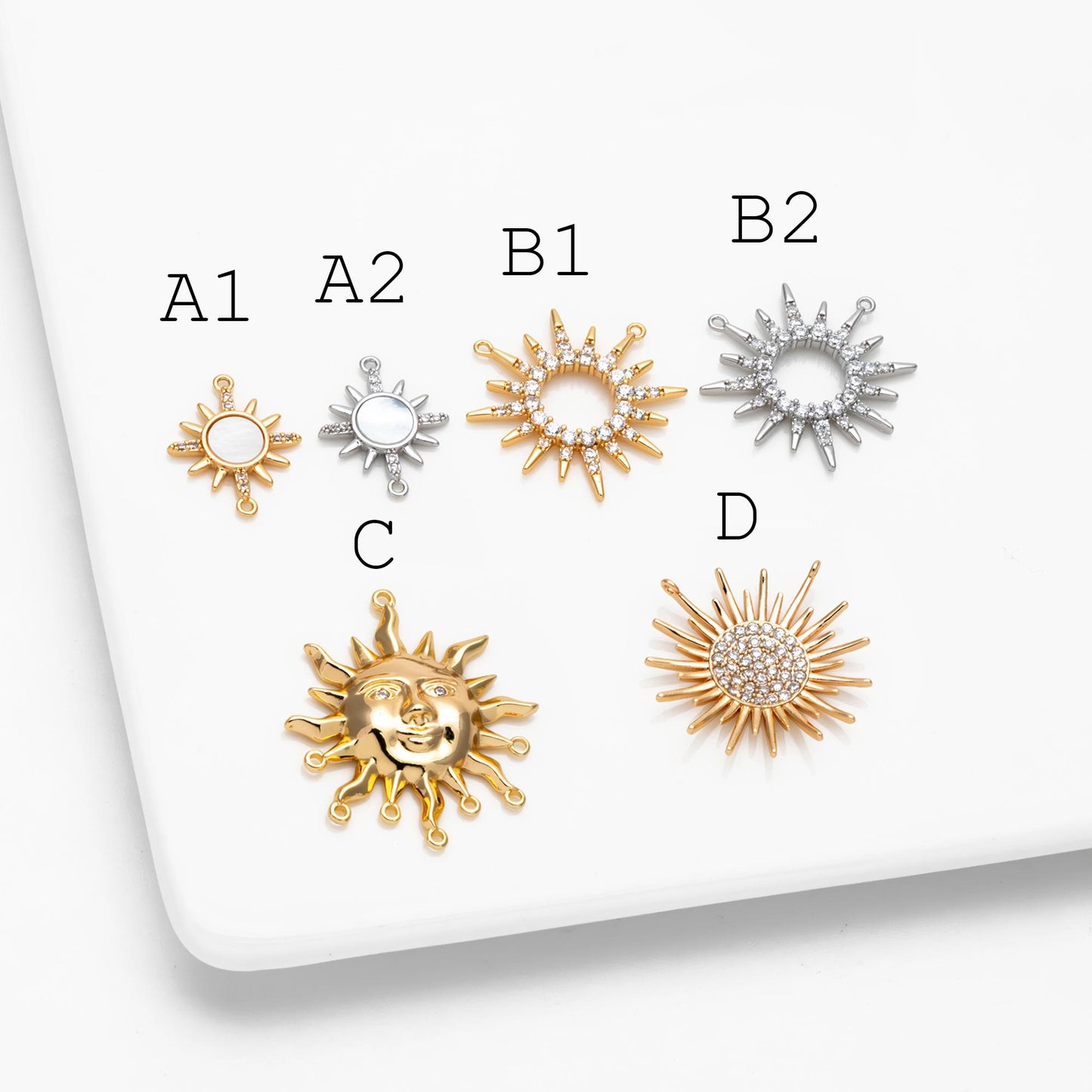 4pcs Gold/ Silver CZ Sun Charm Connectors, Real Gold/ Rhodium plated Brass, Jewelry Supply (GB-2000)