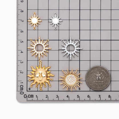 4pcs Gold/ Silver CZ Sun Charm Connectors, Real Gold/ Rhodium plated Brass, Jewelry Supply (GB-2000)
