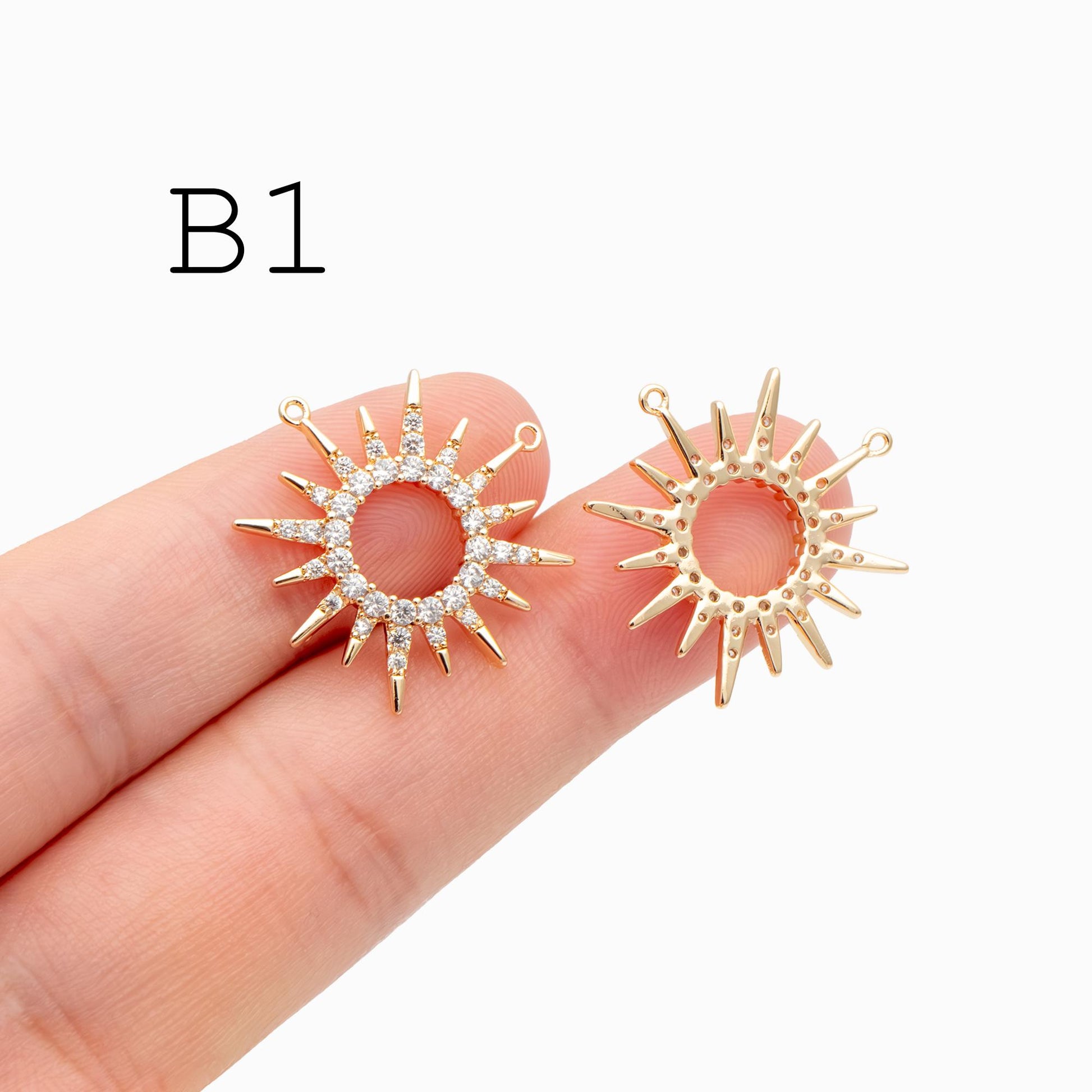 4pcs Gold/ Silver CZ Sun Charm Connectors, Real Gold/ Rhodium plated Brass, Jewelry Supply (GB-2000)