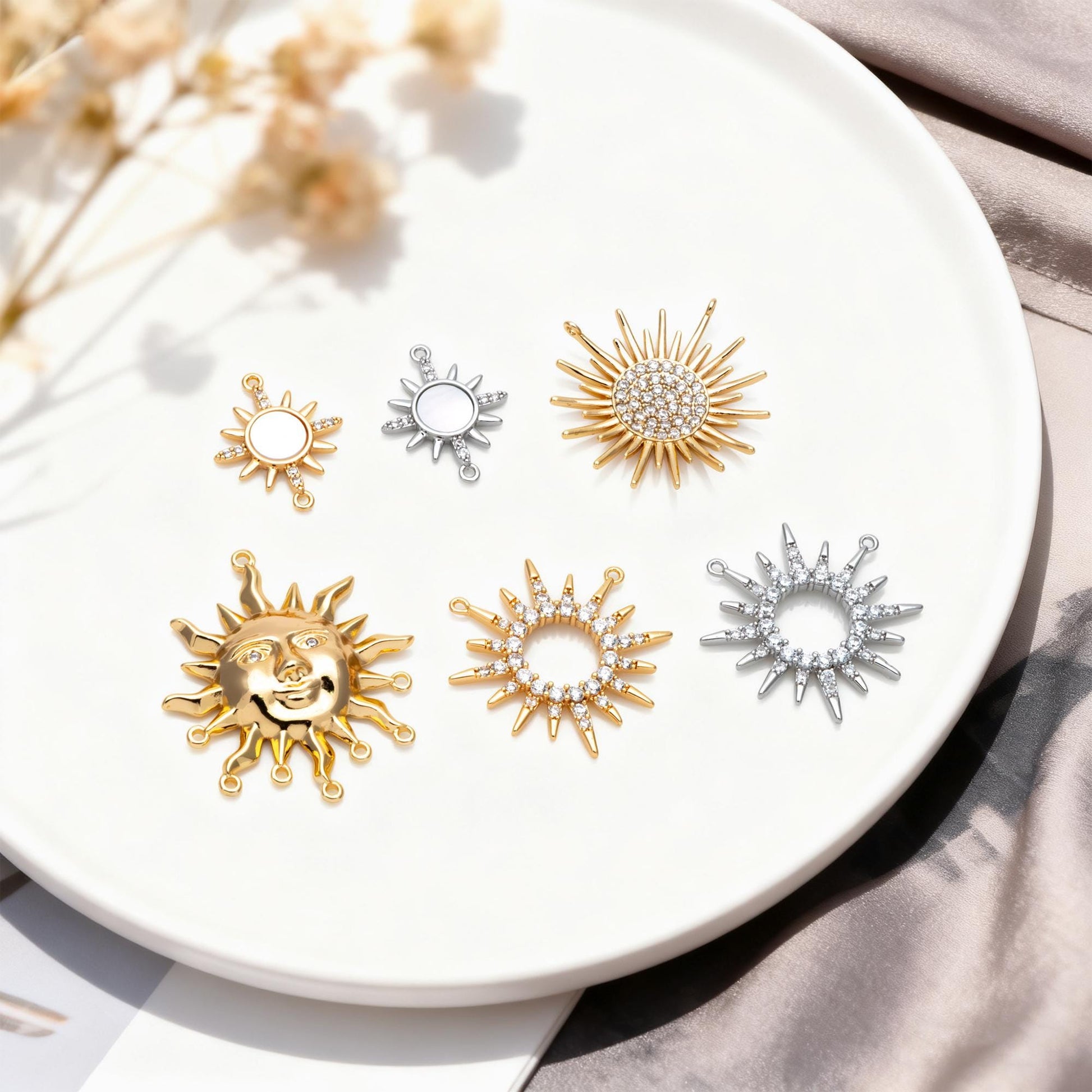 4pcs Gold/ Silver CZ Sun Charm Connectors, Real Gold/ Rhodium plated Brass, Jewelry Supply (GB-2000)