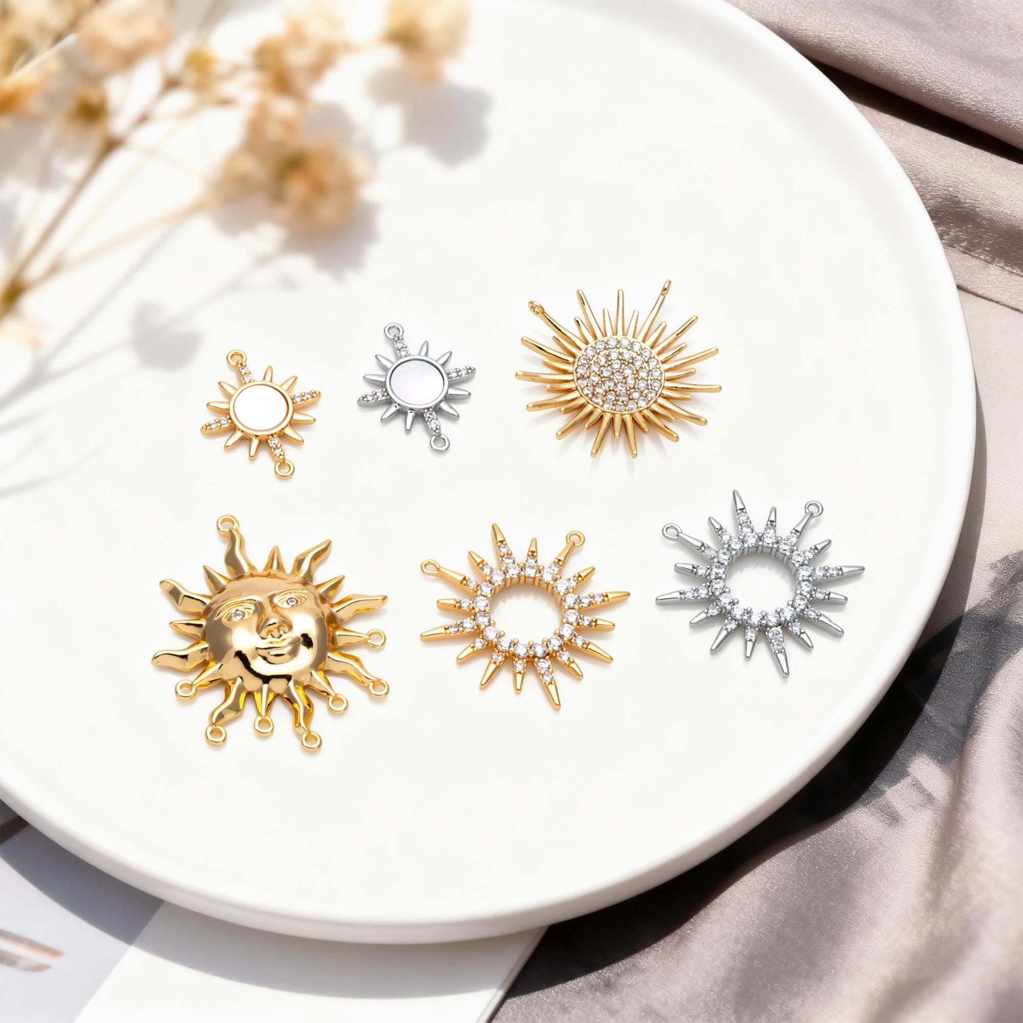 4pcs Gold/ Silver CZ Sun Charm Connectors, Real Gold/ Rhodium plated Brass, Jewelry Supply (GB-2000)