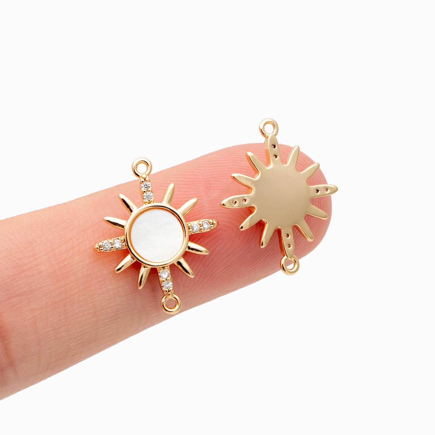 4pcs Shell Pave Gold/ Silver Sun Charms, 18K Gold/ Rhodium plated Brass, CZ Sun Pendants Connector (GB-2000-A)