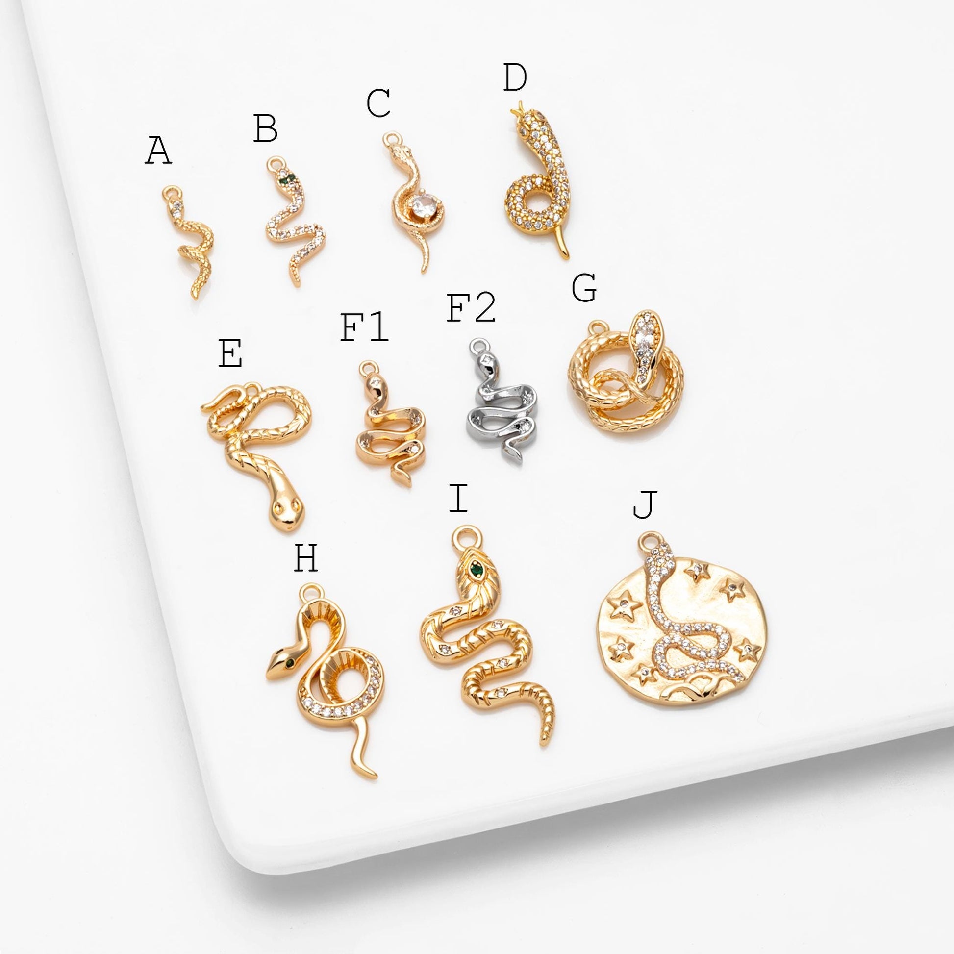 4pcs Gold Snake Charm, 18K Gold Plated Brass, Snake Necklace Jewelry Pendant (GB-2756)