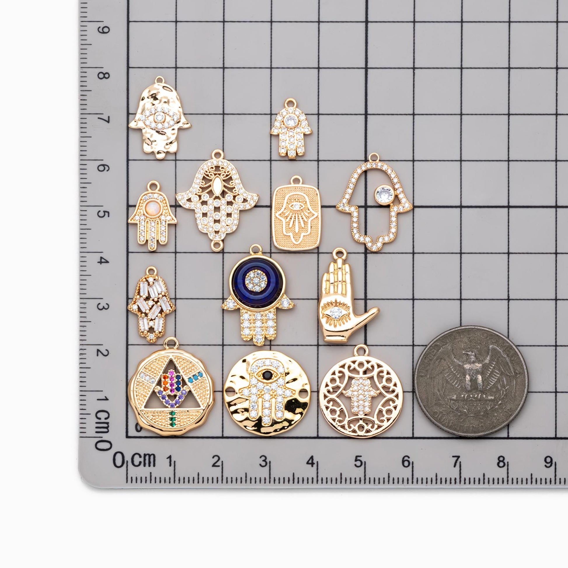 4pcs CZ Pave Gold Hamsa Hand Charm, Evil Eye Earring Charm, Jewelry Making, Diy Material, Jewelry Supplies (GB-3923)