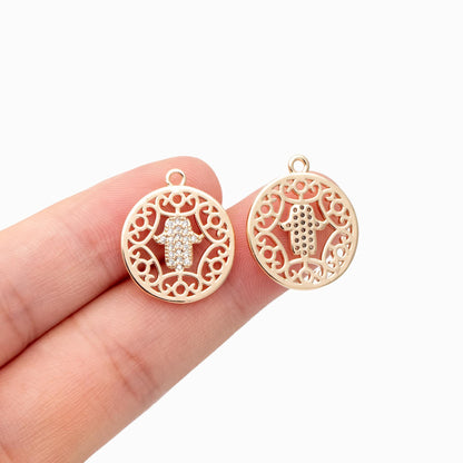 4pcs CZ Pave Gold Hand Round hollow Charms, 18K Gold plated Brass Pendants (GB-3923-I)