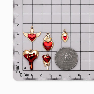4pcs Enamel Red Heart Charms, PVD Gold Stainless Steel, Jewelry Making Supply (GB-4704)