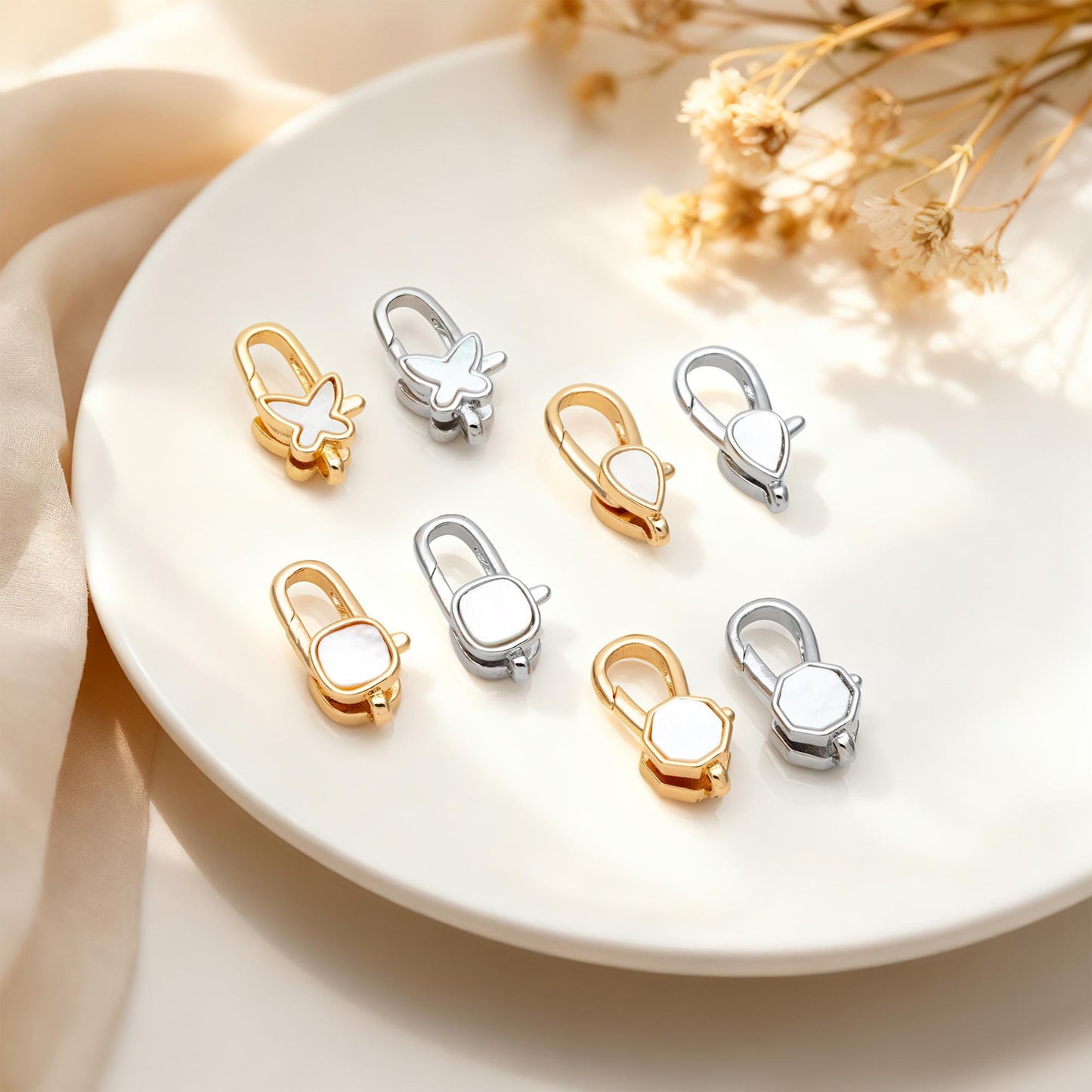 4pcs Shell Pave Gold/ Silver Tone Lobster Claw Clasps, Real Gold/ Rhodium plated Brass, Necklace Bracelet Charm Clasps (GB-4705)