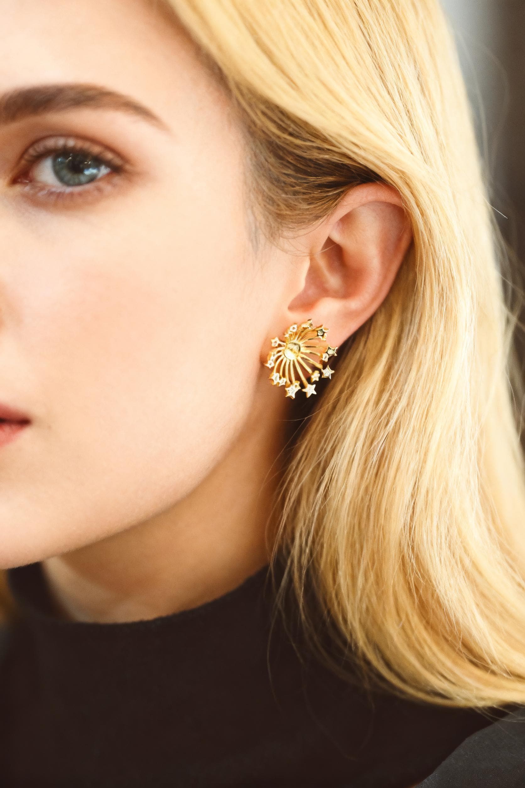 4pcs CZ Pave Star Fireworks Ear Posts, Pearl Earring Mounts, Half Drilled Pearls Earring Settings (GB-3580)