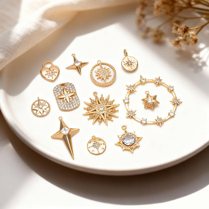 4pcs Gold/ Silver North Star Charms , Gold/ Rhodium plated Brass, CZ Pave Star Pendants (GB-1048)