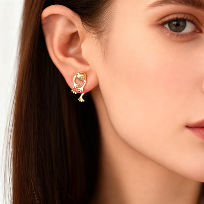 Gold/ Silver Frog Stud Earrings, Two-Piece Animal Ear Jacket, Unique Fun Gifts (GB-4533)