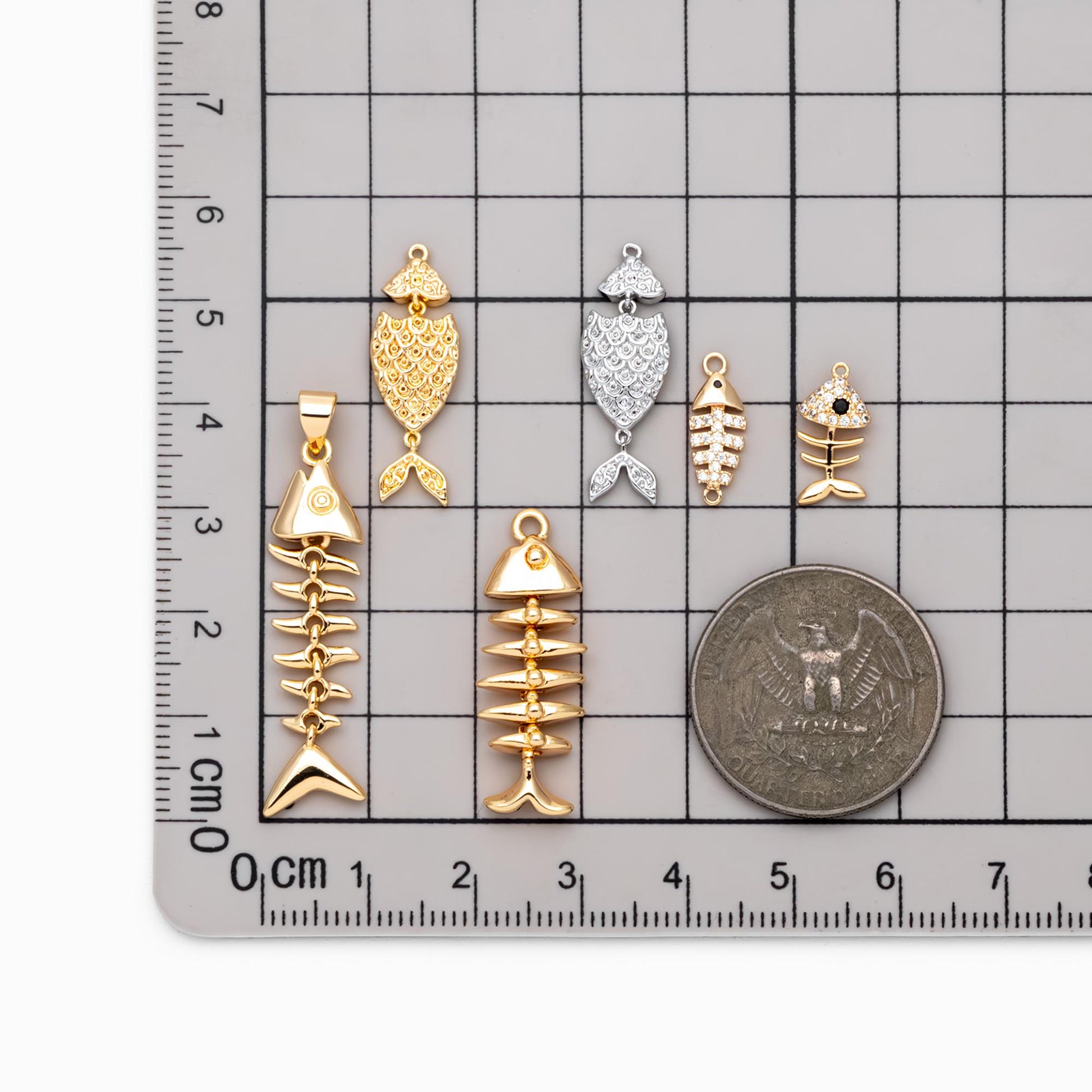 4pcs Gold/ Silver Tone Fishbone Charm, Gold/ Rhodium Plated Brass Fishbone Pendant, Skeleton Pendant (GB-2936)