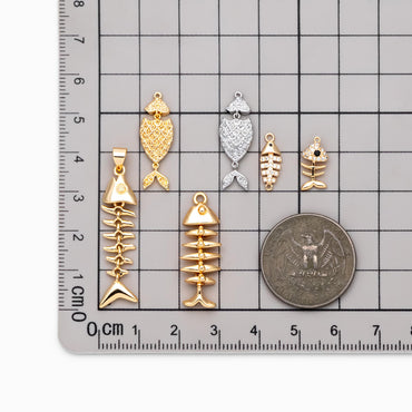 4pcs Gold/ Silver Tone Fishbone Charm, Gold/ Rhodium Plated Brass Fishbone Pendant, Skeleton Pendant (GB-2936)