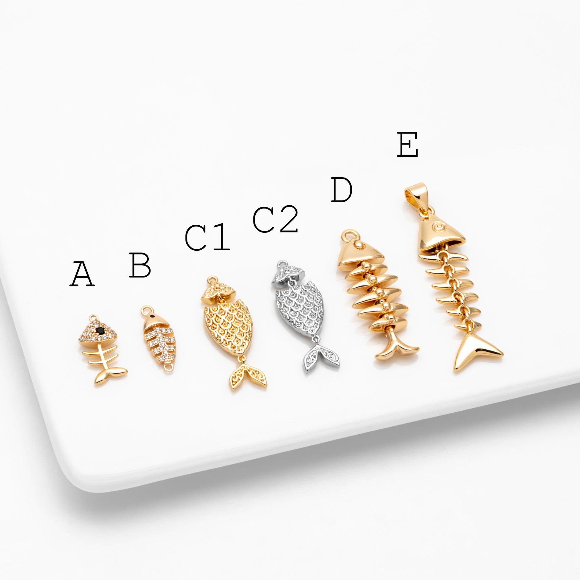 4pcs Gold/ Silver Tone Fishbone Charm, Gold/ Rhodium Plated Brass Fishbone Pendant, Skeleton Pendant (GB-2936)
