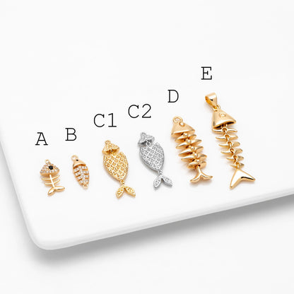 4pcs Gold/ Silver Tone Fishbone Charm, Gold/ Rhodium Plated Brass Fishbone Pendant, Skeleton Pendant (GB-2936)