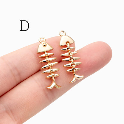 4pcs Gold/ Silver Tone Fishbone Charm, Gold/ Rhodium Plated Brass Fishbone Pendant, Skeleton Pendant (GB-2936)