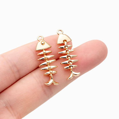 4pcs Gold Fishbone Charms, Gold Plated Brass Fishbone Pendant, Skeleton Pendant (GB-2936-D)