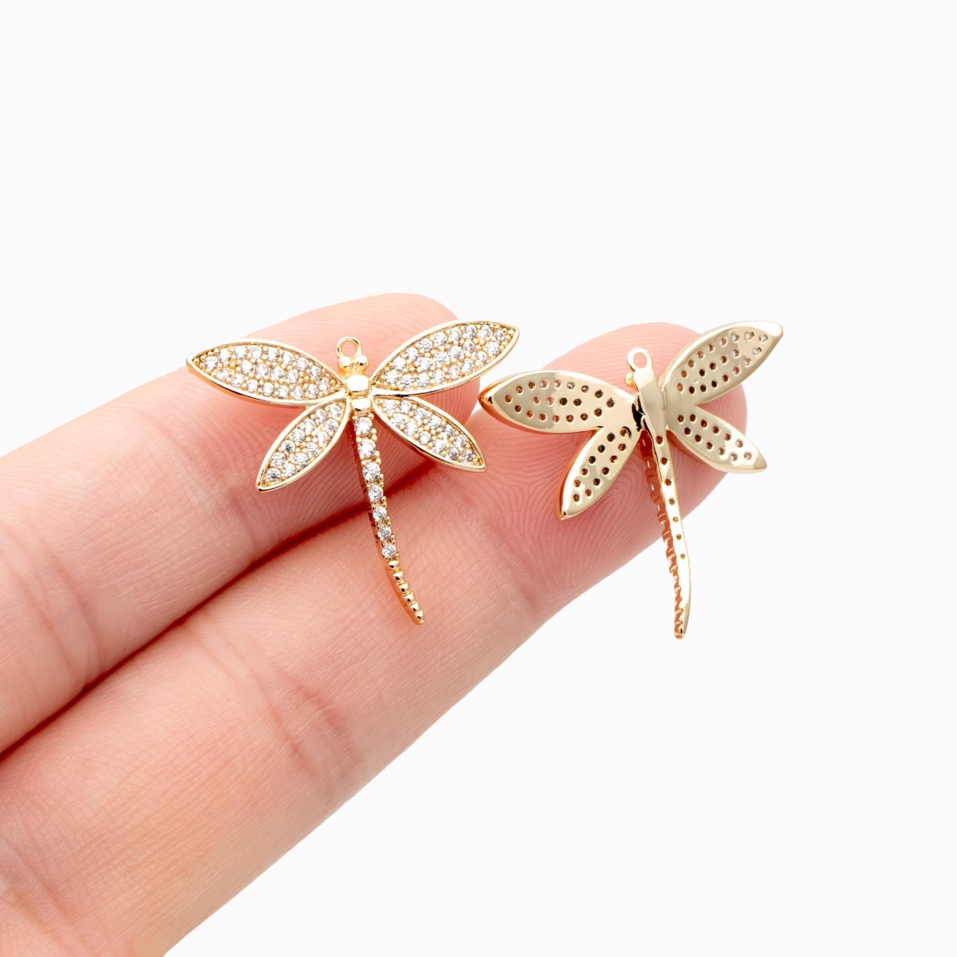 4pcs CZ Pave Dragonfly Charm 21x25mm, 18K Gold Plated Brass, Cute Dragonfly Pendants (GB-3196-B)