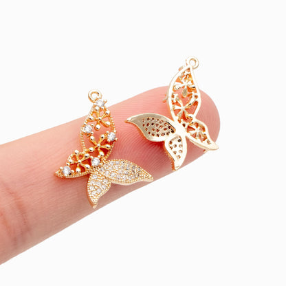 4pcs Gold plated Brass Hollow Butterfly Charms, CZ pave Butterfly Filigree Pendants (GB-3561-K)