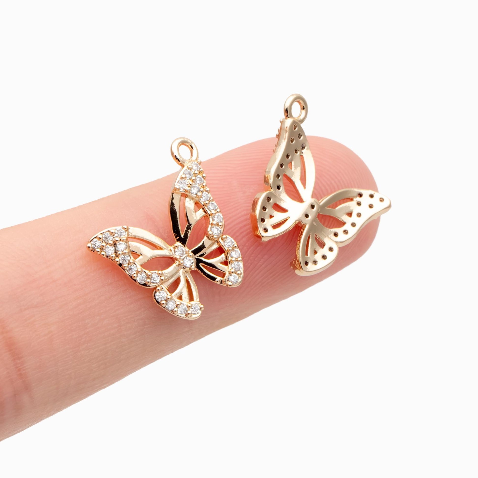 4pcs Gold plated Brass Hollow Butterfly Charms, CZ pave Butterfly Filigree Pendants (GB-3561-O)