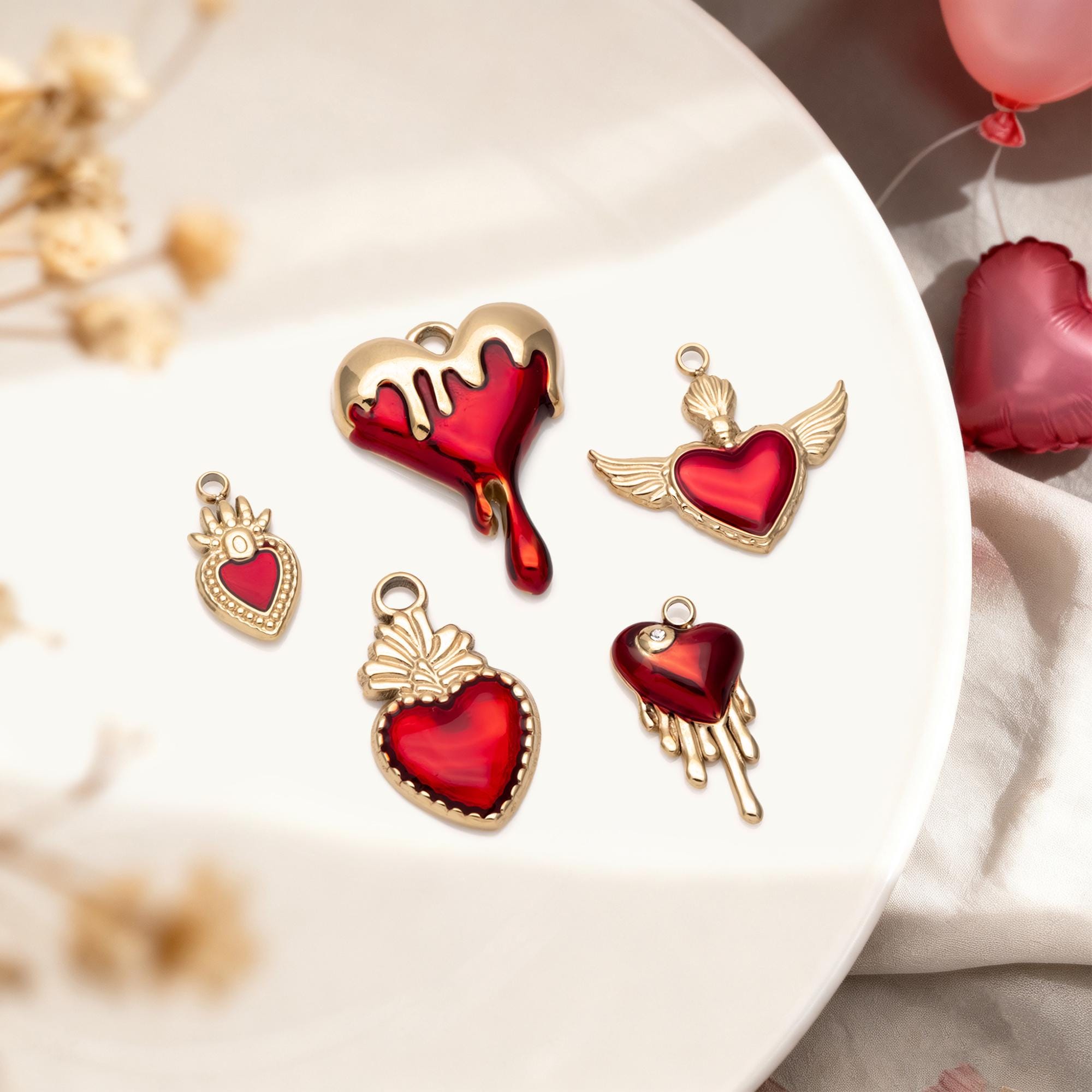 4pcs Enamel Red Heart Charms, PVD Gold Stainless Steel, Jewelry Making Supply (GB-4704)