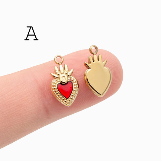 4pcs Enamel Red Heart Charms, PVD Gold Stainless Steel, Jewelry Making Supply (GB-4704)