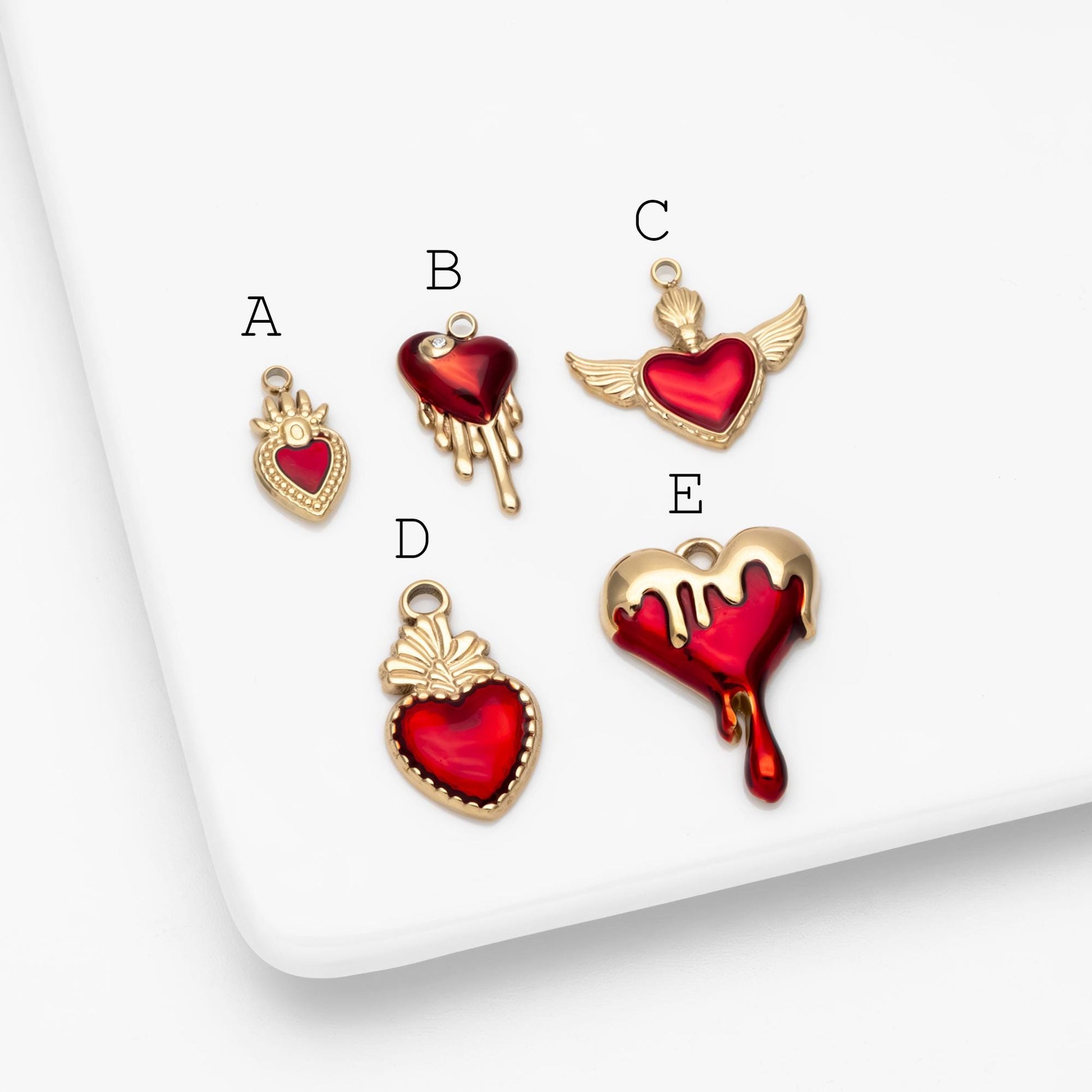 4pcs Enamel Red Heart Charms, PVD Gold Stainless Steel, Jewelry Making Supply (GB-4704)
