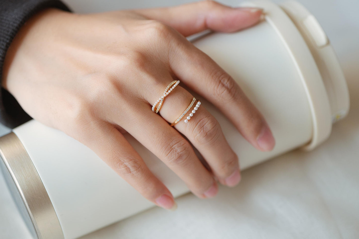 4pcs CZ Pave Finger Ring, Faux Pearl Ring, Gold/ Rhodium plated Brass, Gift for Her, Dainty Ring, Adjustable Ring (#GB-4657)