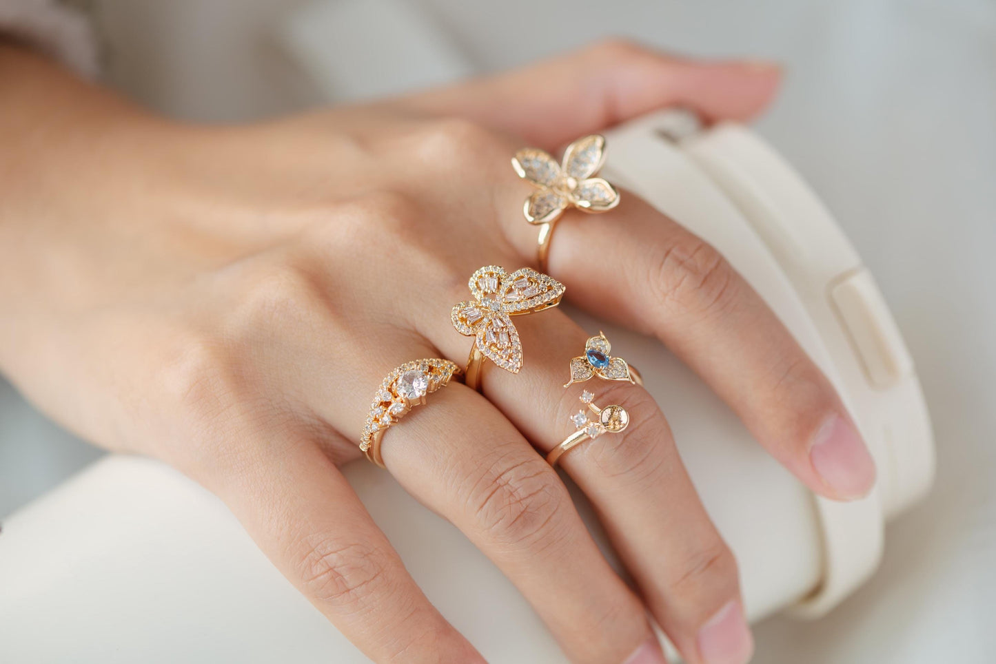 4pcs Blue CZ Pave Gold Flower Ring, Adjustable Ring Mounting, Pearl Ring Setting (#GB-4440)