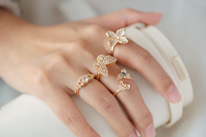 4pcs Blue CZ Pave Gold Flower Ring, Adjustable Ring Mounting, Pearl Ring Setting (#GB-4440)