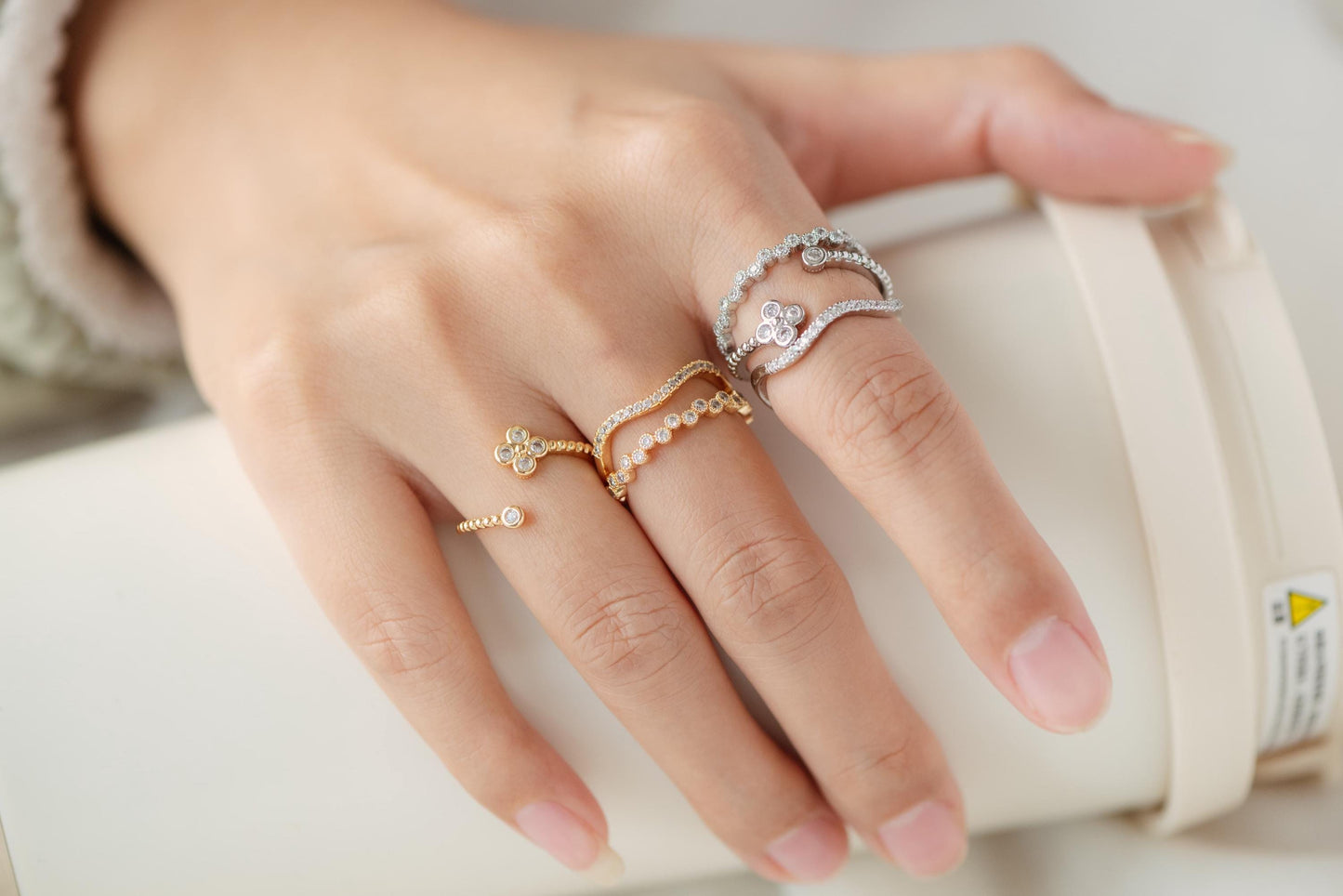 4pcs CZ Pave Gold/ Silver Flower Ring, Modern Style Ring, Fashion Rings, Dainty Rings, Adjustable Ring (#GB-4615)