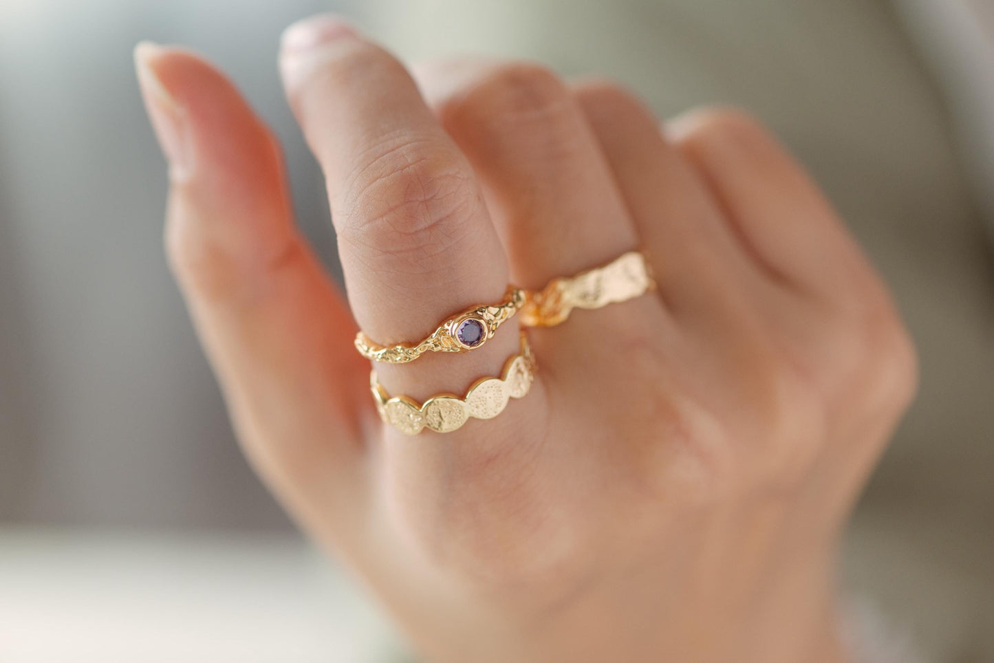 4pcs Purple CZ Ring, Hammered Ring, Stacking Ring, Statement Ring, Adjustable Ring (#GB-3527)